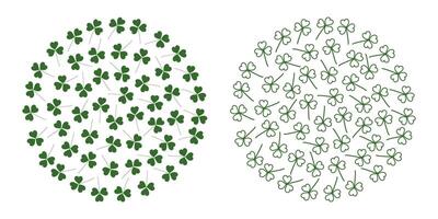 Filled and outline Shamrocks Clover leaves Circular Minimalistic Monochrome green Backgrounds Set 2. Isolated illustration St Patrick Day greeting backdrop Thematic cards or web promo leaflets vector