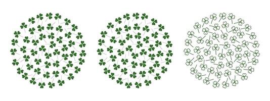 Fill and Outline Shamrocks Circular Monochrome green St Patrick Day festive Backgrounds idea Set 3. Isolated illustration Greeting cards, poster, price tag, label or web promo leaflet, banner vector