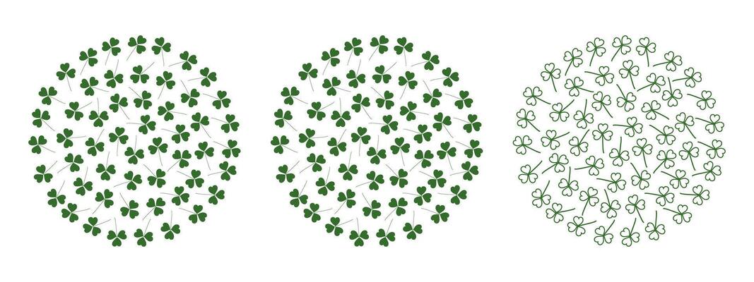 Fill and Outline Shamrocks Circular Monochrome green St Patrick Day festive Backgrounds idea Set 3. Isolated illustration Greeting cards, poster, price tag, label or web promo leaflet, banner