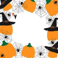 Pumpkins in Witch caps spiders on cobweb square Frame border Halloween greetings Copy space Template. Isolated illustration Thematic cards or web promo banner, leaflet, price, label, invitation vector