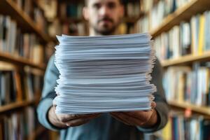Man Holding Stack of Paper in Library photo