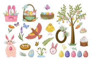 Spring set of Easter elements on a white background. Collection of baskets with Easter eggs and cookies, bunny, chick, flowers, butterflies. Isolated illustration. vector