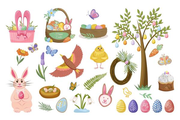 Spring set of Easter elements on a white background. Collection of baskets with Easter eggs and cookies, bunny, chick, flowers, butterflies. Isolated illustration.