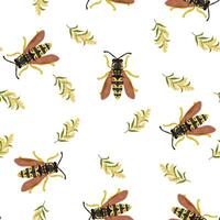 Floral seamless pattern with wasp insects on a white background and a yellow sprig of flowers. vector