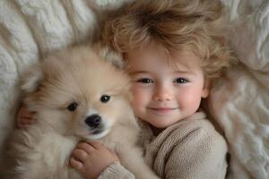 Smiling boy hugging fluffy puppy photo