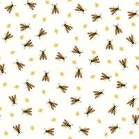 Floral seamless pattern with wasp insects on a white background and yellow flower bud. vector