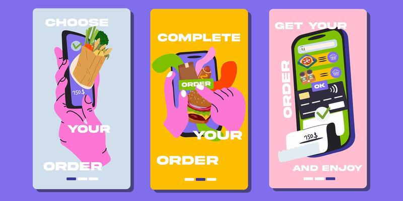 Food delivery online service. Internet e-commerce. Abstract cartoon retro poster for website, banner or delivery site. Modern retro flat illustration. Mobile delivery app page design