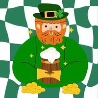 Abstract Happy St. Patricks Day retro groovy poster. Ireland holiday greeting card with leprechaun character vector
