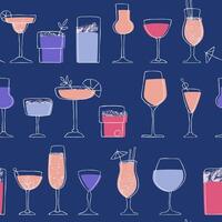 Seamless pattern with glasses and goblets of alcoholic drinks standing in a row vector