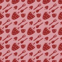 Strawberry pattern color background with heart shape cups, fork, spoon. vector