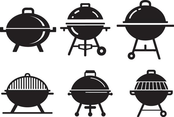 black silhouette BBQ icons depicts various types of barbecue grills
