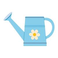 A blue watering can with a flower on it. The flower is yellow and white. The watering can is sitting on a white background vector