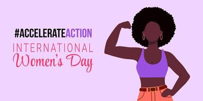 A woman with a strong arm is shown on a pink background with the words accelerate action vector