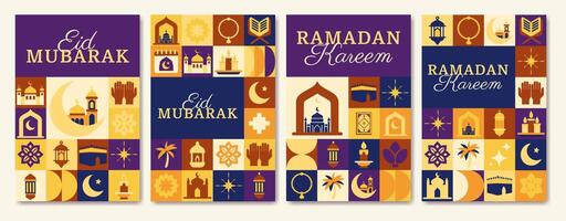 A set of four posters with a theme of Ramadan. Each poster has a different design, but they all feature Islamic symbols and imagery vector