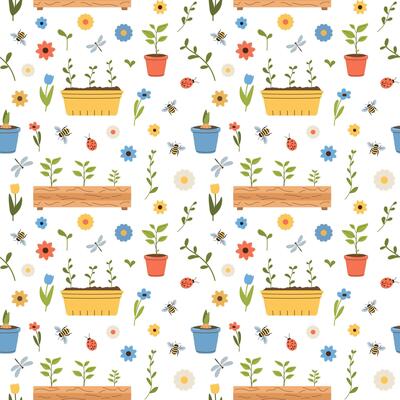 Spring garden seamless pattern with flower pots, and insects. Cartoon garden floral wallpaper. Isolated on white background.