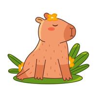 Beautiful Capybara resting on the grass. Cute summer capybara. Flat illustration isolated on white background. vector
