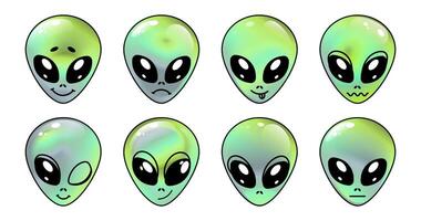 Green alien heads displaying various facial expressions set, including happy, sad, surprised, and mischievous. illustration is ideal for sticker designs, emojis, icons, digital art,sci-fi,print vector