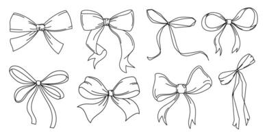 Bows Line art drawing with different styles of ribbons with different shapes set in sketch style, decorative bows for packaging, gift wrapping, invitations, crafts, digital design. illustration vector