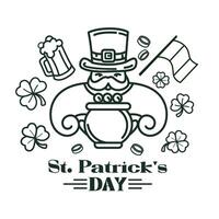 Leprechaun with mustache in top hat, holding pot of gold surrounded by shamrocks, beer mug,coins, Irish flag, with Saint Patrick's Day text in line art style. St. Patrick's logo,emblem. vector