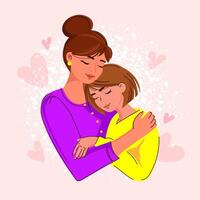 Loving Mother and Daughter Hugging Illustration for Mother's Day.Mom and daughter sharing a warm and loving hug, Soft pastel background with heart. Ideal for greeting cards, family related vector