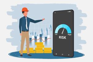 Businessman showing the risk level indicator on mobile phone screen. Risk management concept in industry and business. vector