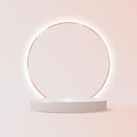 Minimalist 3D podium with a glowing golden ring,soft beige background. Elegant platform and illuminated circular frame create a luxurious look for product presentations, branding, cosmetics . vector