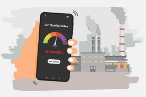 Hand holding smartphone to check air quality index with industrial factory pollution in the background. vector