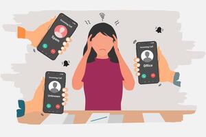 A busy woman is disturbed by the many incoming phone calls. Hand holding a smartphone with incoming call from unknown, spam, and office. vector