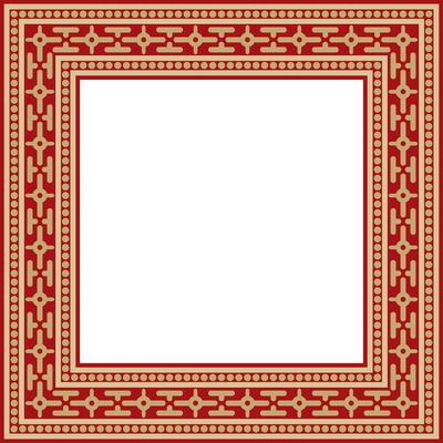 square gold with red ancient Russian ornament. Slavic rectangle, border, frame. Painting of the royal chambers