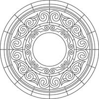 outline stained glass window, Kazakh ornament. Drawing of nomads on glass. Template for a round ceiling with a chandelier in the middle. vector