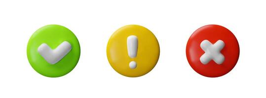 3d render set checkbox. Three-dimensional illustration of attention, agreement, wrong mark button. Right or wrong sign. Checkout badge of alarm or caution. Graphic symbol of important mark vector