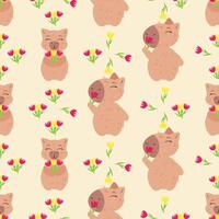 Seamless pattern featuring capybaras holding flowers, surrounded by delicate floral elements on a warm beige background vector