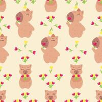 Seamless pattern featuring adorable capybaras with tulips, surrounded by colorful floral elements vector