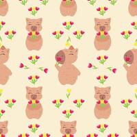 Seamless pattern featuring capybaras surrounded by blooming flowers on a soft beige background vector