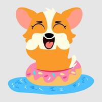 Adorable cartoon corgi enjoying summer fun, floating in a pool with a pink donut-shaped inflatable ring vector