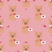 Seamless pattern featuring adorable capybaras holding love letters on a pink background with floating hearts vector