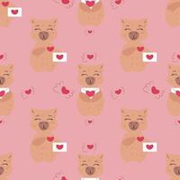 Seamless capybara pattern with love letters on a pink background vector