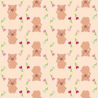Seamless pattern featuring adorable cartoon capybaras holding flowers, surrounded by delicate botanical elements on a soft pastel background vector