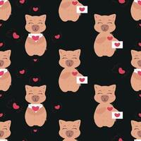 Seamless pattern of cute capybaras holding love letters on a dark background with floating hearts vector