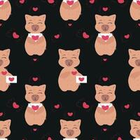 Elegant seamless pattern featuring adorable capybaras with love letters on a dark background vector