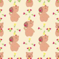 Charming seamless pattern with adorable capybaras holding tulips, surrounded by fresh floral elements. Ideal for textiles, wallpapers, wrapping paper, and lovely spring-themed designs vector