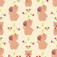 Seamless pattern featuring adorable cartoon capybaras enjoying flowers, surrounded by colorful tulips and daisies on a soft beige background vector