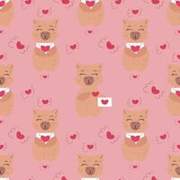 Seamless pattern featuring adorable capybaras with love letters and hearts on a pink background vector