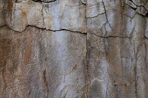 Textured stone wall displaying natural patterns and earthy tones in a rustic outdoor setting photo