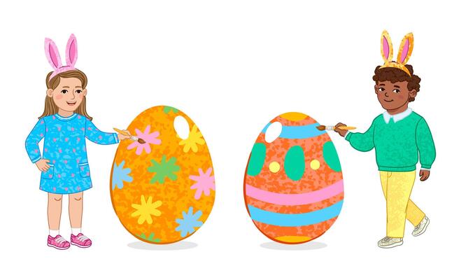 Colorful Set of Illustration of Cute Children Coloring Easter Eggs Isolated on White Background