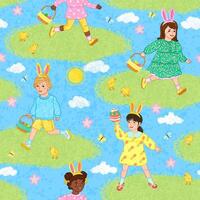 Seamless Pattern with Colorful Textured Illustrations of Cute Children are Hunting Easter Eggs vector