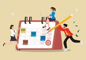 Calendar schedule, business planning concept, event or meeting reminder, date time planning, work deadline or appointment, cartoon illustration of a group of people. vector