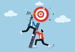 Business team helps to prepare the ladder of success to achieve the target, setting business goals, targets, goals and objectives, partnerships and teamwork towar goals. Developing the ladder. vector