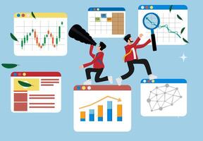 Investment data analysis to find profit opportunities, business analytics, seo, web pages, two young businessmen are analyzing. vector