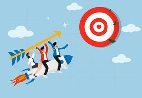 Business team rides rocket and carries arrow to reach target goal, setting business goals, targets, goals and objectives, partnership and teamwork towards success. Developing ladder to success. vector